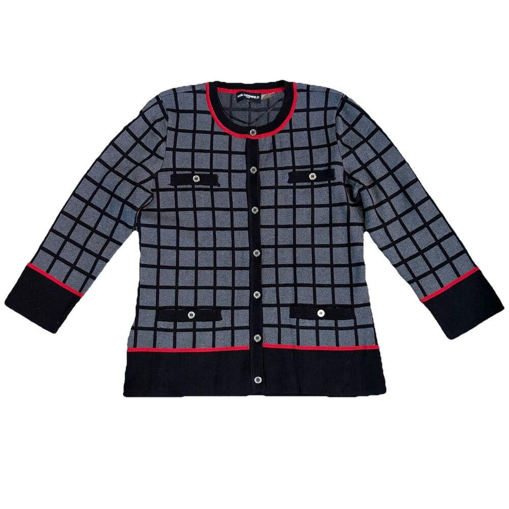 Karl Lagerfeld Grid Print Cardigan Gray Black & Red Women’s See Measurements